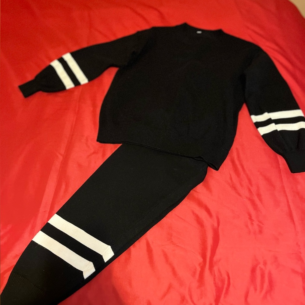 Black Sweater and Pants Set with White Stripes